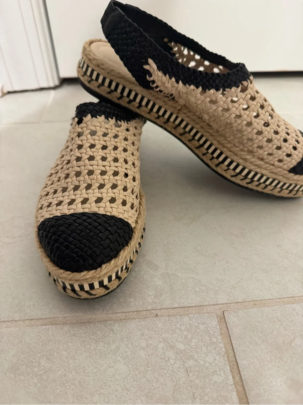 NWOB Tory Burch Dandy Woven Platform Slingback Espadrilles Black Tan Size 7M